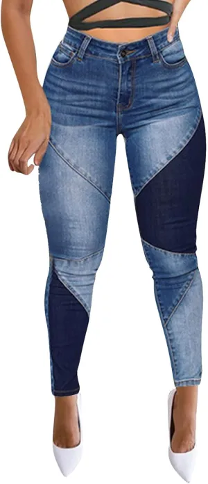 Tight Jeans for Women High Waisted Butt-Lifting Skinny Pencil Pants Pocket Button Patchwork Denim Trousers