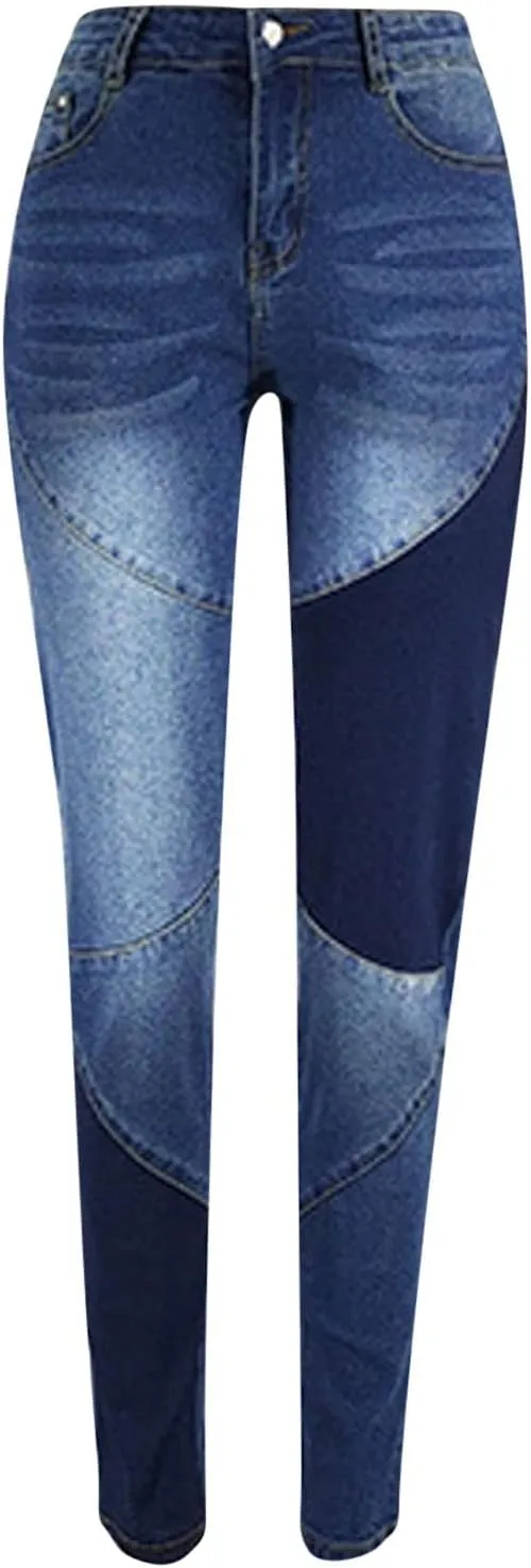 Tight Jeans for Women High Waisted Butt-Lifting Skinny Pencil Pants Pocket Button Patchwork Denim Trousers