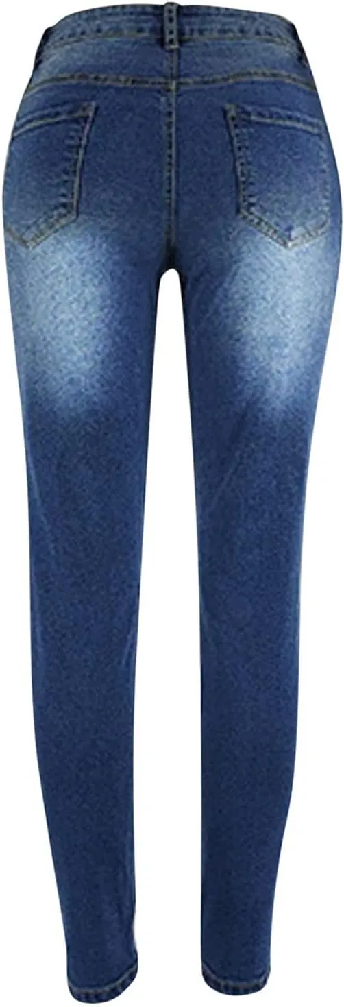 Tight Jeans for Women High Waisted Butt-Lifting Skinny Pencil Pants Pocket Button Patchwork Denim Trousers