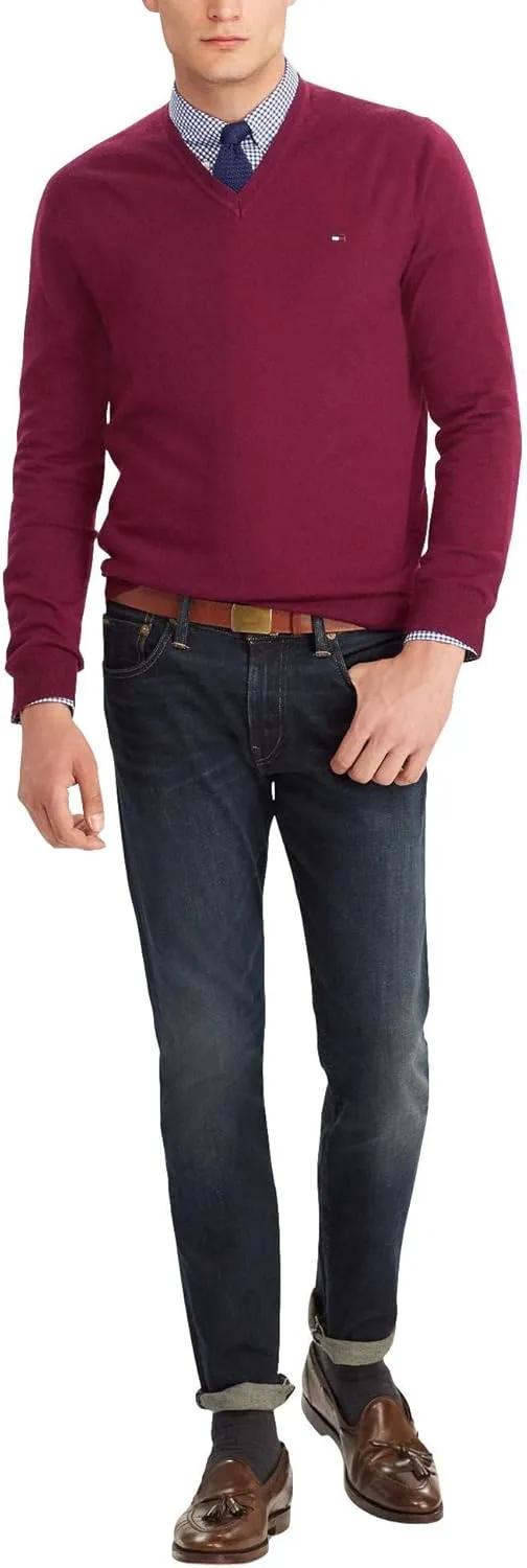 Tommy Hilfiger Men's Cotton V Neck Sweater, Burgandy