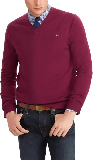 Tommy Hilfiger Men's Cotton V Neck Sweater, Burgandy