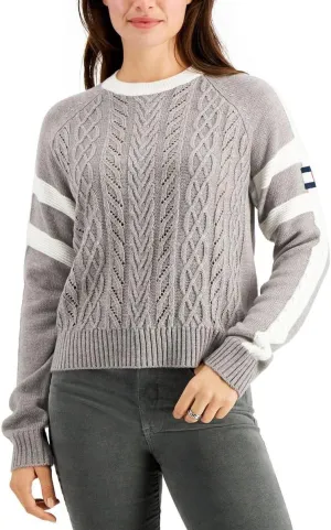 Tommy Hilfiger Womens Cable Knit Striped Crewneck Sweater Gray XL