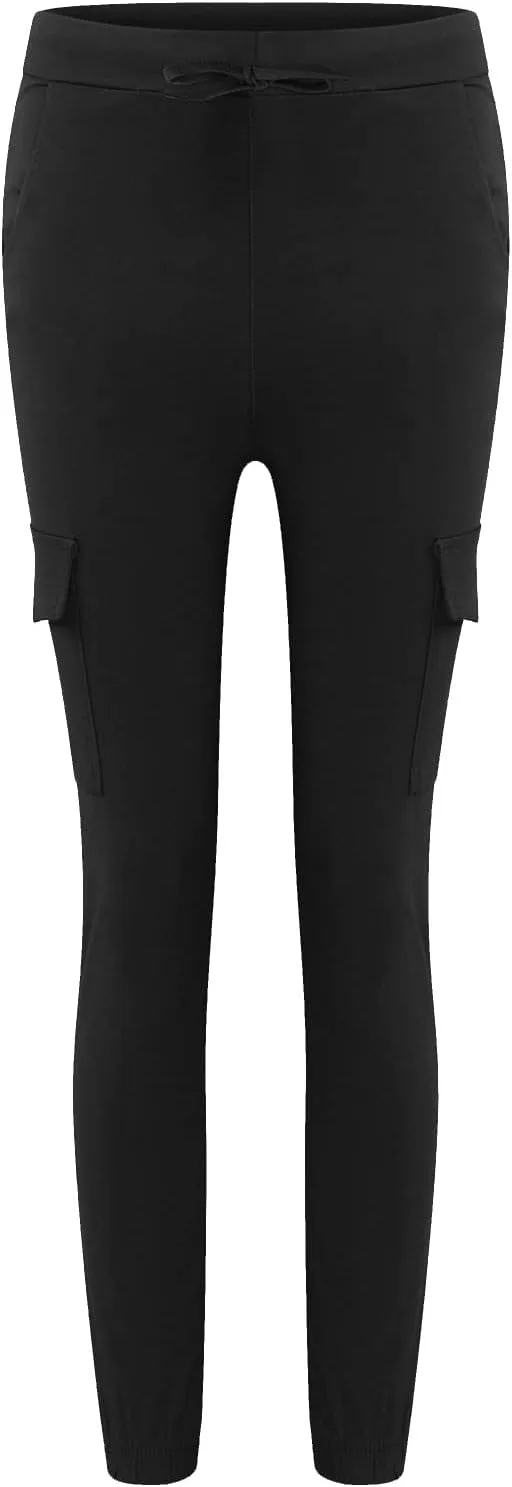Uillui Women's Elastic Waist Casual Cargo Pants Slim-fit Athletic Running Jogger Sweatpants Tactical Pockets Hiking Pants