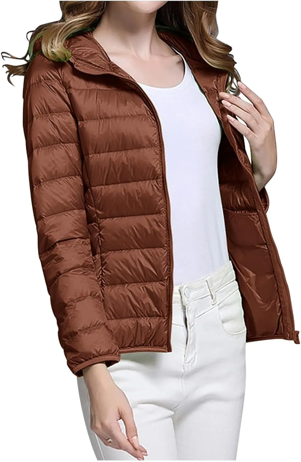 Uillui Women's Packable Ultra-Light Down Jacket Hooded Quilted Puffer Jacket Zippered Pockets Water-Resistant Winter Coats