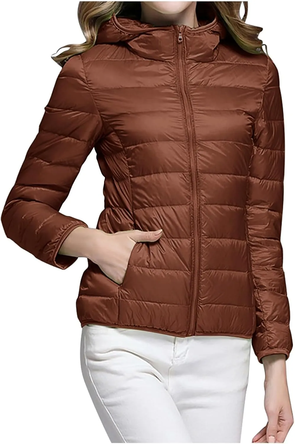 Uillui Women's Packable Ultra-Light Down Jacket Hooded Quilted Puffer Jacket Zippered Pockets Water-Resistant Winter Coats