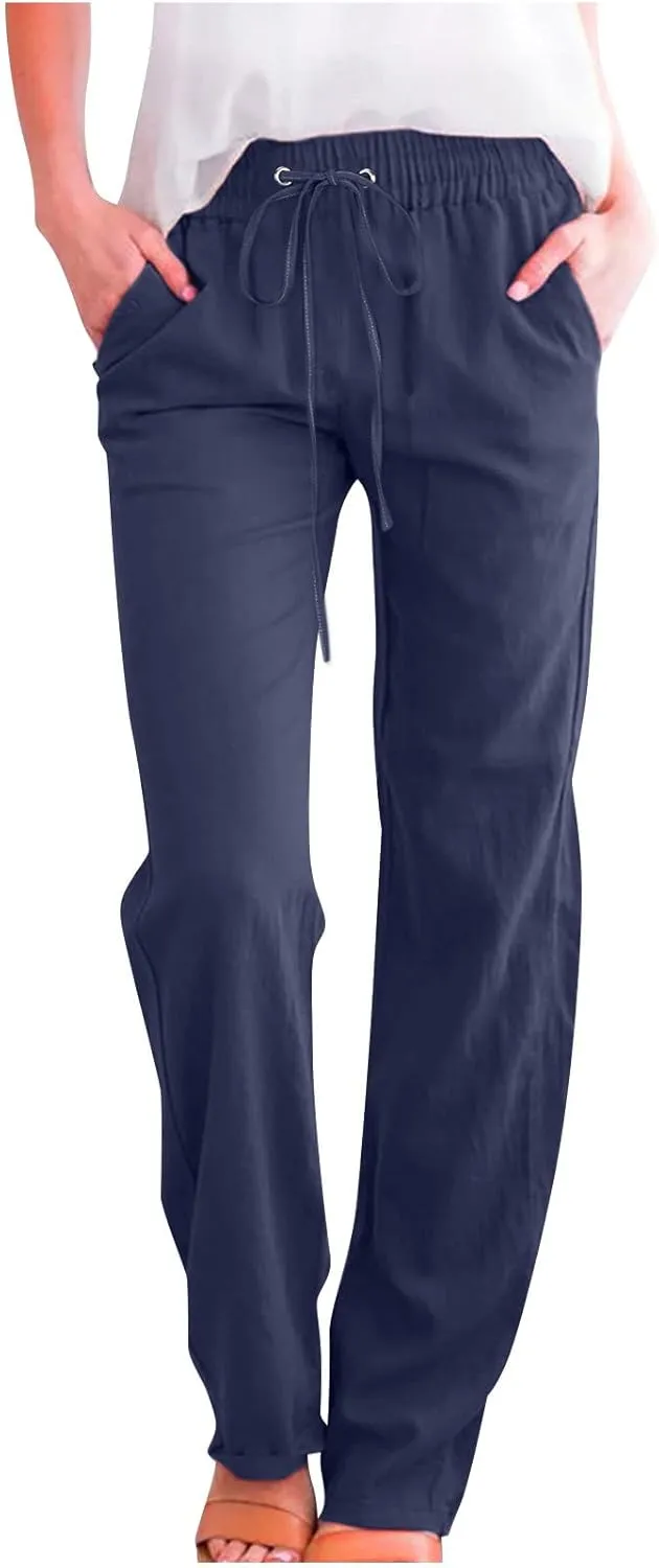 Uillui Work Pants for Women Casual Lightweight Elastic Waist Straight Trousers Summer Loose Cotton Linen Slacks with Pockets