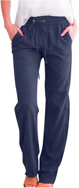Uillui Work Pants for Women Casual Lightweight Elastic Waist Straight Trousers Summer Loose Cotton Linen Slacks with Pockets