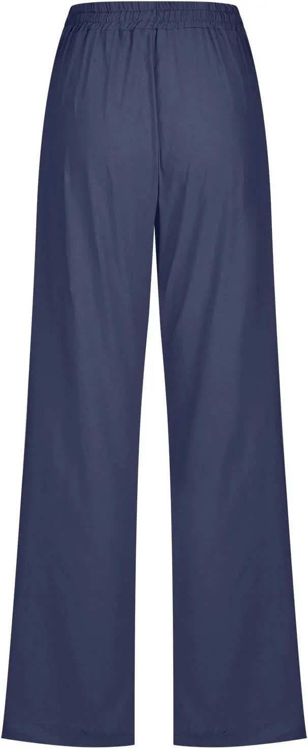 Uillui Work Pants for Women Casual Lightweight Elastic Waist Straight Trousers Summer Loose Cotton Linen Slacks with Pockets