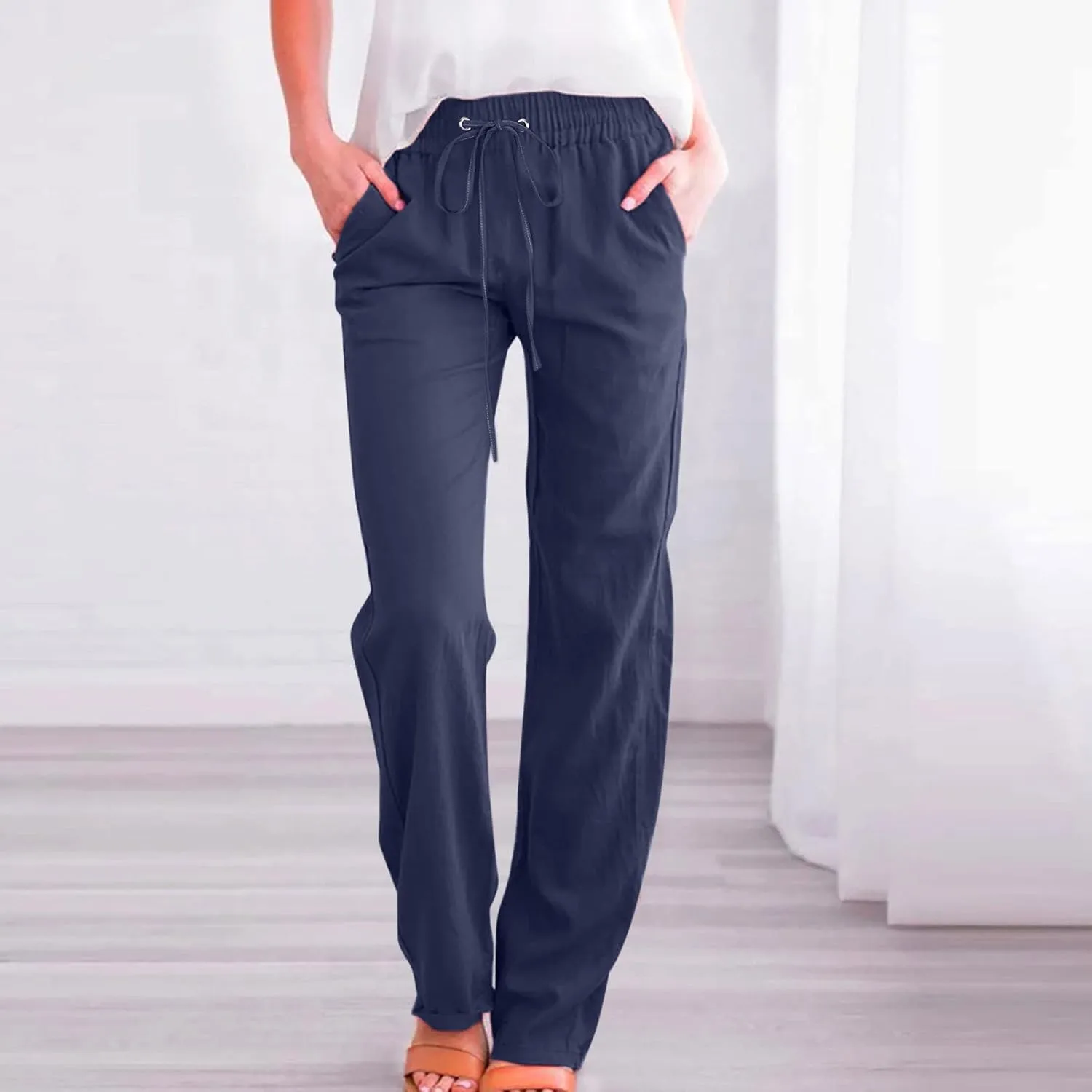 Uillui Work Pants for Women Casual Lightweight Elastic Waist Straight Trousers Summer Loose Cotton Linen Slacks with Pockets