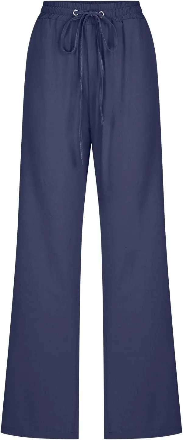 Uillui Work Pants for Women Casual Lightweight Elastic Waist Straight Trousers Summer Loose Cotton Linen Slacks with Pockets