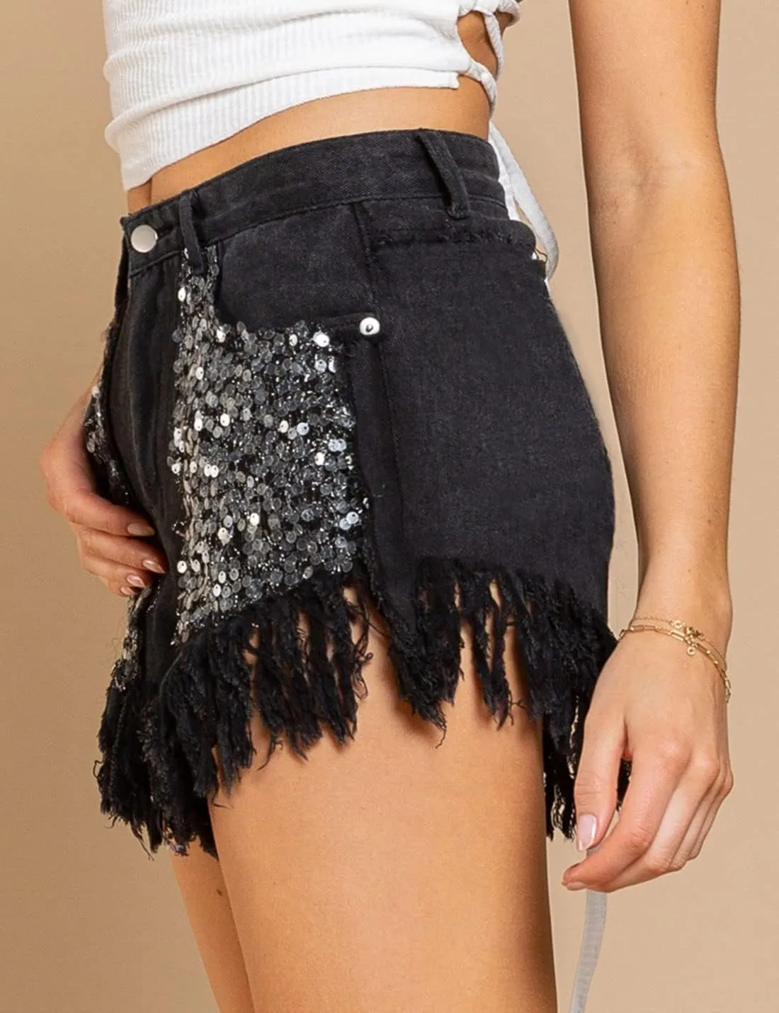 Unilexi Womens Fashion Ripped Fringe Jeans Shorts High Waisted Sequins Distressed Frayed Denim Shorts