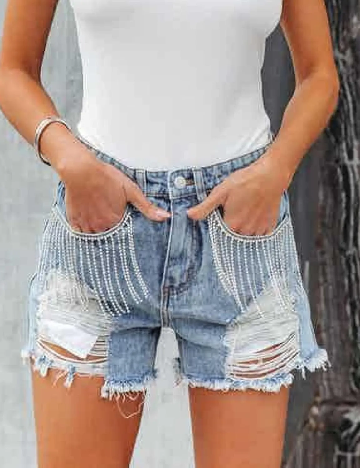 Unilexi Womens Fashion Ripped Fringe Jeans Shorts High Waisted Sequins Distressed Frayed Denim Shorts