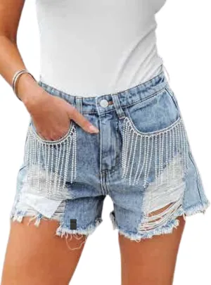 Unilexi Womens Fashion Ripped Fringe Jeans Shorts High Waisted Sequins Distressed Frayed Denim Shorts