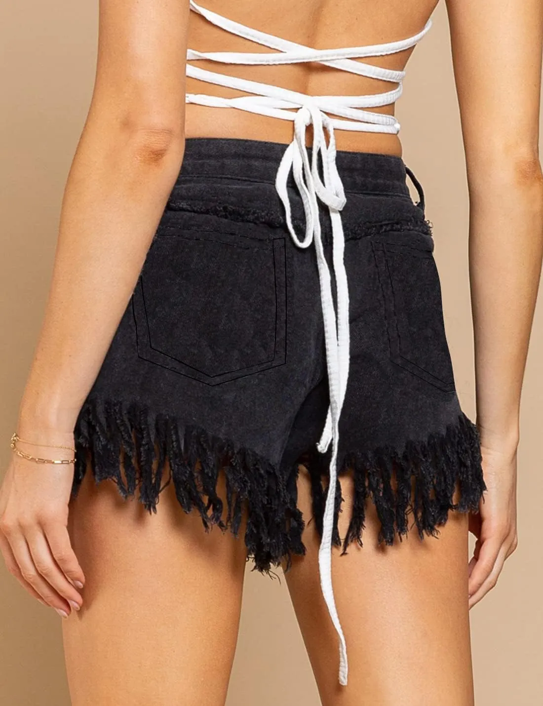 Unilexi Womens Fashion Ripped Fringe Jeans Shorts High Waisted Sequins Distressed Frayed Denim Shorts