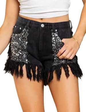 Unilexi Womens Fashion Ripped Fringe Jeans Shorts High Waisted Sequins Distressed Frayed Denim Shorts