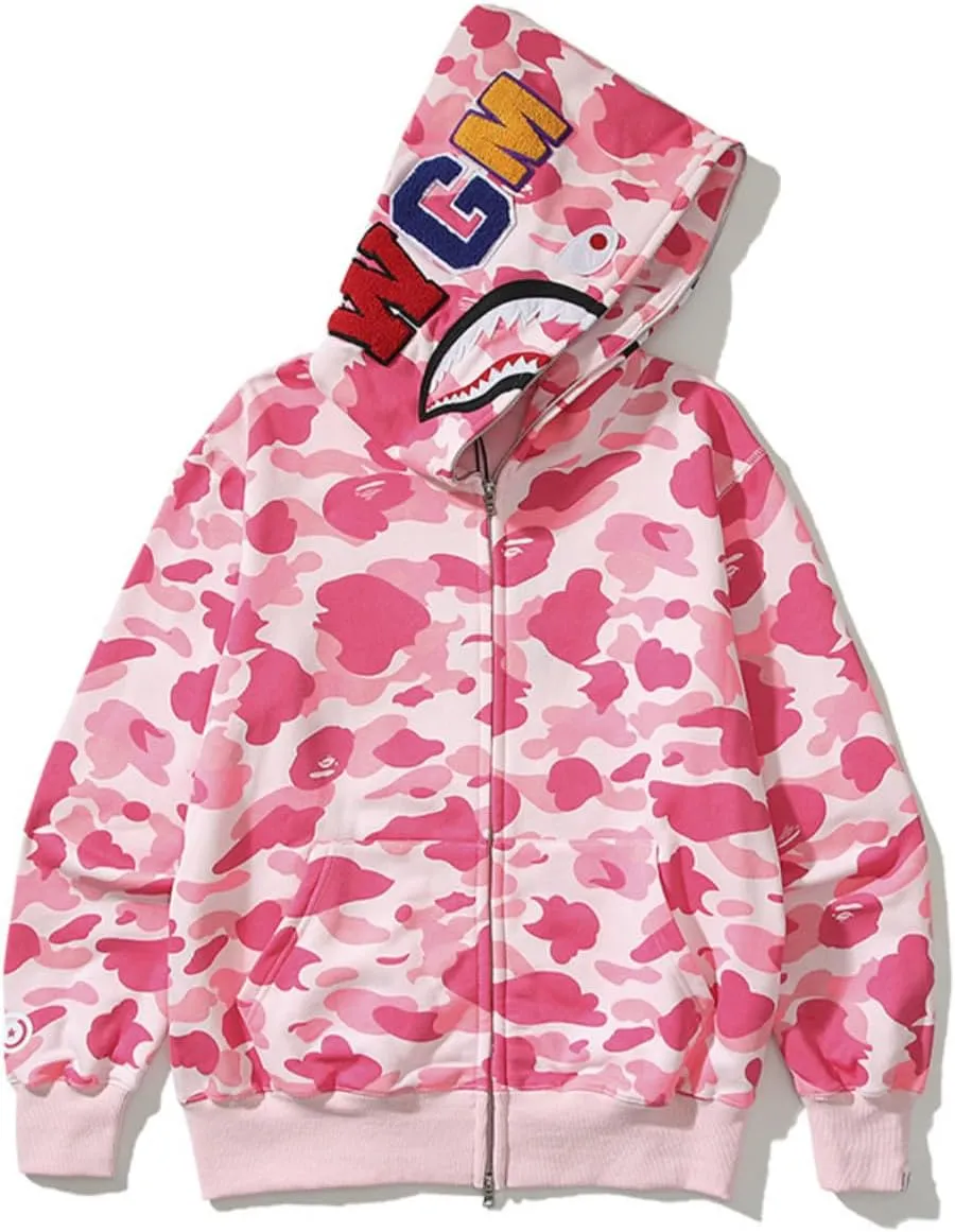Unisex Camouflage Hoodie with Shark Embroidery, Full Zip, Lightweight Couple sweatshirts heavyweight hoodie