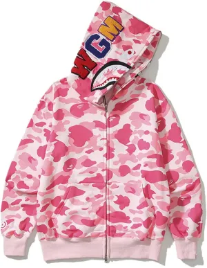 Unisex Camouflage Hoodie with Shark Embroidery, Full Zip, Lightweight Couple sweatshirts heavyweight hoodie