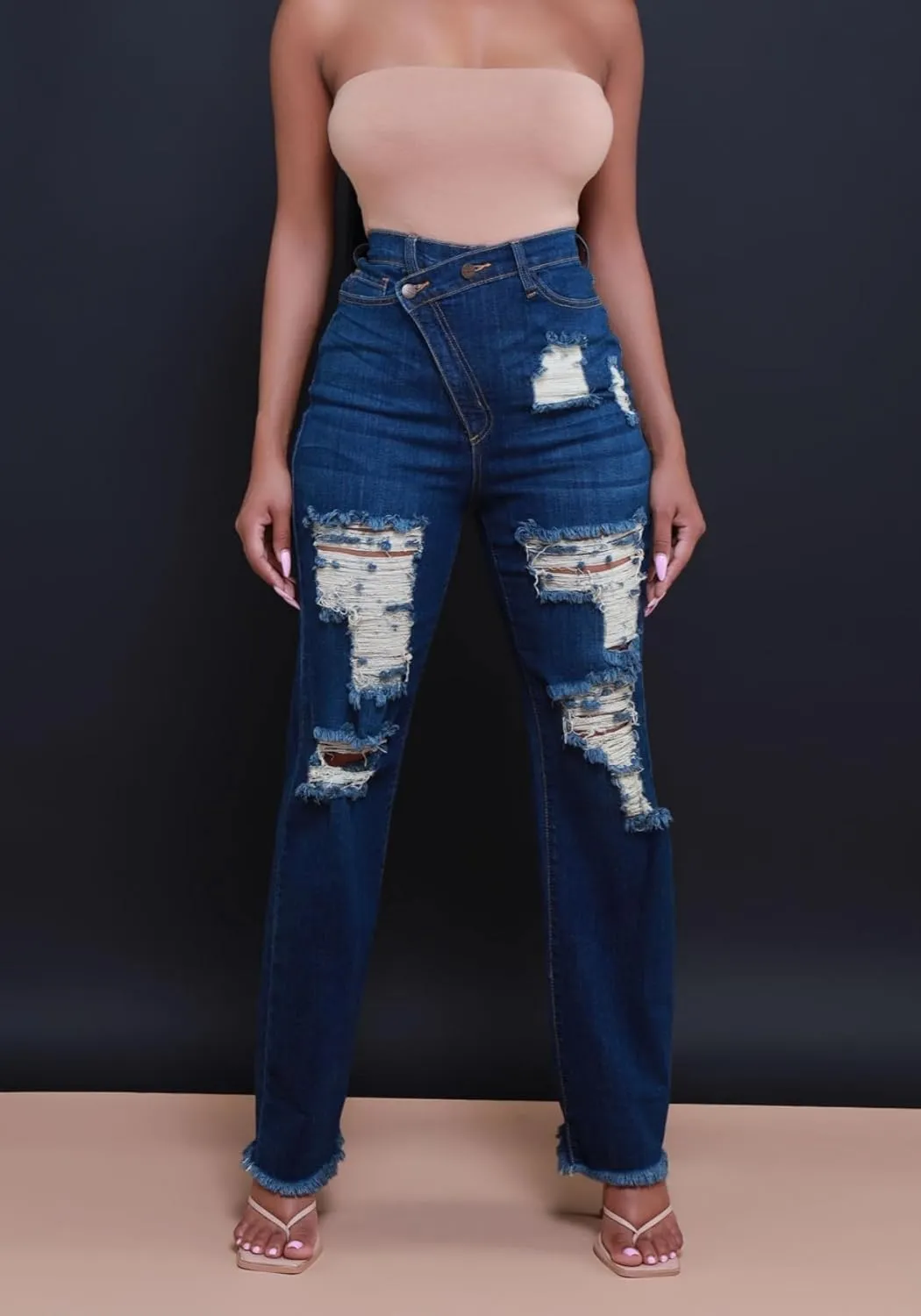 Unybwonn Women Skinny Ripped Jeans High Waisted Distressed Asymmetrical Straight Leg Denim Pants Raw Trim Stretchy Jean