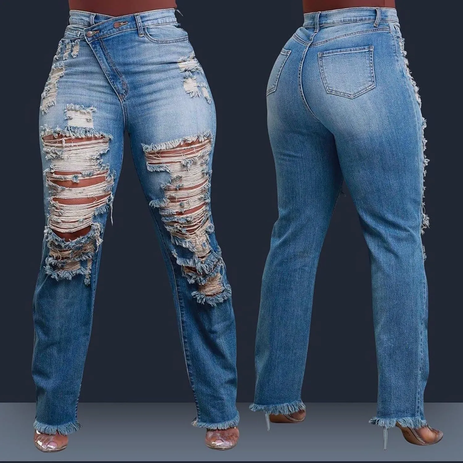Unybwonn Women Skinny Ripped Jeans High Waisted Distressed Asymmetrical Straight Leg Denim Pants Raw Trim Stretchy Jean