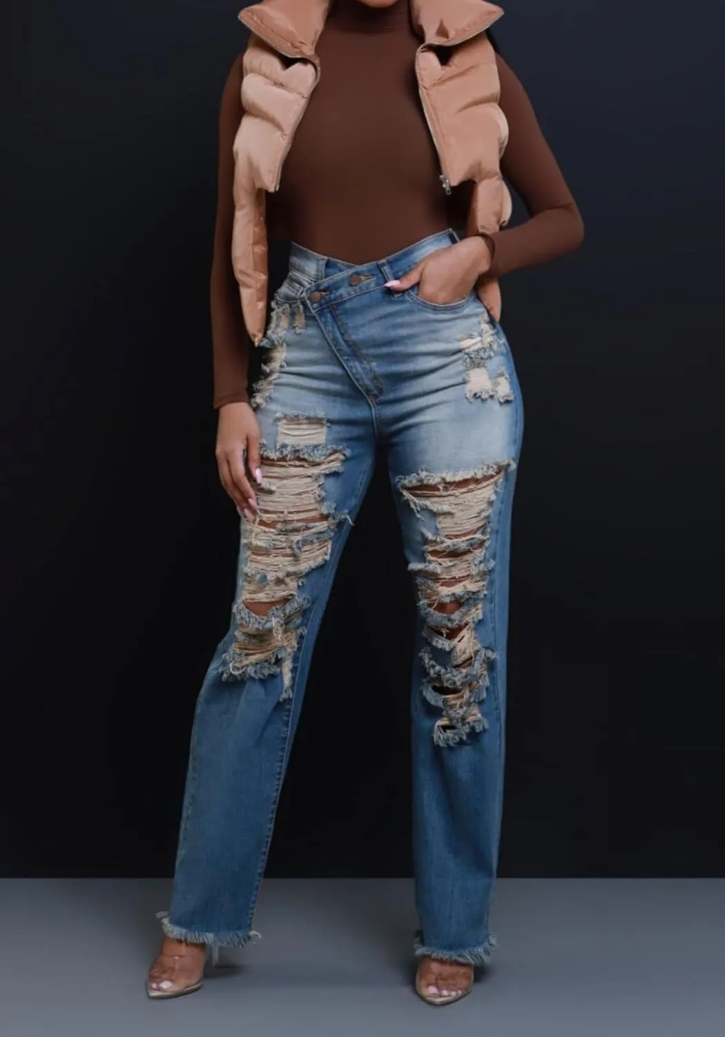 Unybwonn Women Skinny Ripped Jeans High Waisted Distressed Asymmetrical Straight Leg Denim Pants Raw Trim Stretchy Jean