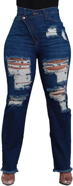 Unybwonn Women Skinny Ripped Jeans High Waisted Distressed Asymmetrical Straight Leg Denim Pants Raw Trim Stretchy Jean