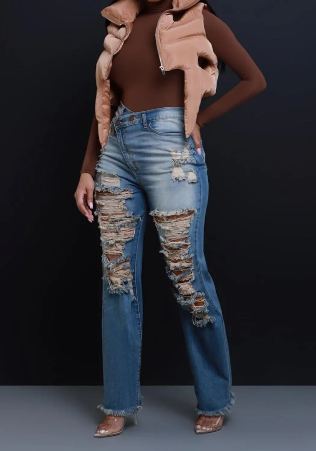 Unybwonn Women Skinny Ripped Jeans High Waisted Distressed Asymmetrical Straight Leg Denim Pants Raw Trim Stretchy Jean