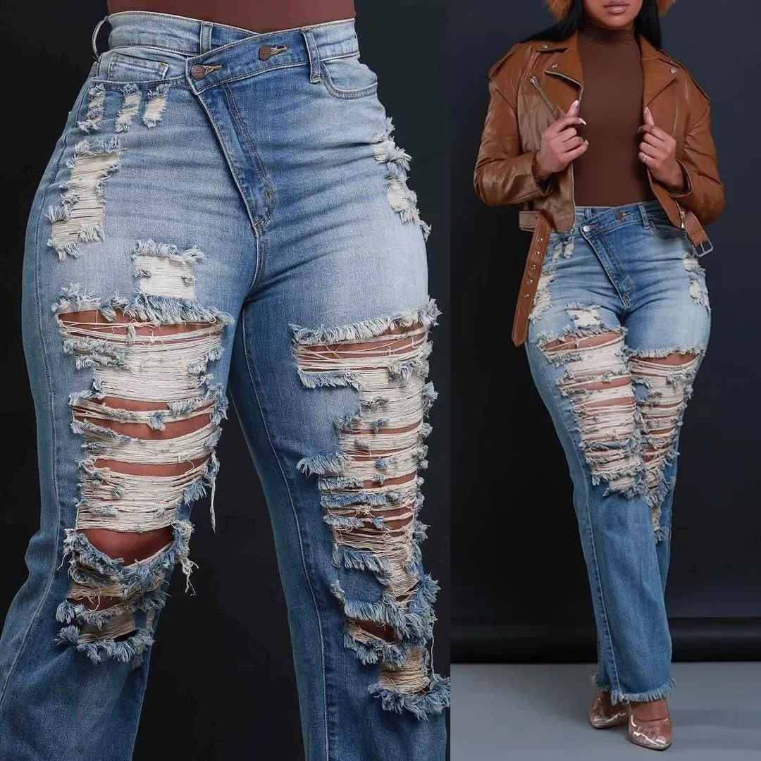 Unybwonn Women Skinny Ripped Jeans High Waisted Distressed Asymmetrical Straight Leg Denim Pants Raw Trim Stretchy Jean