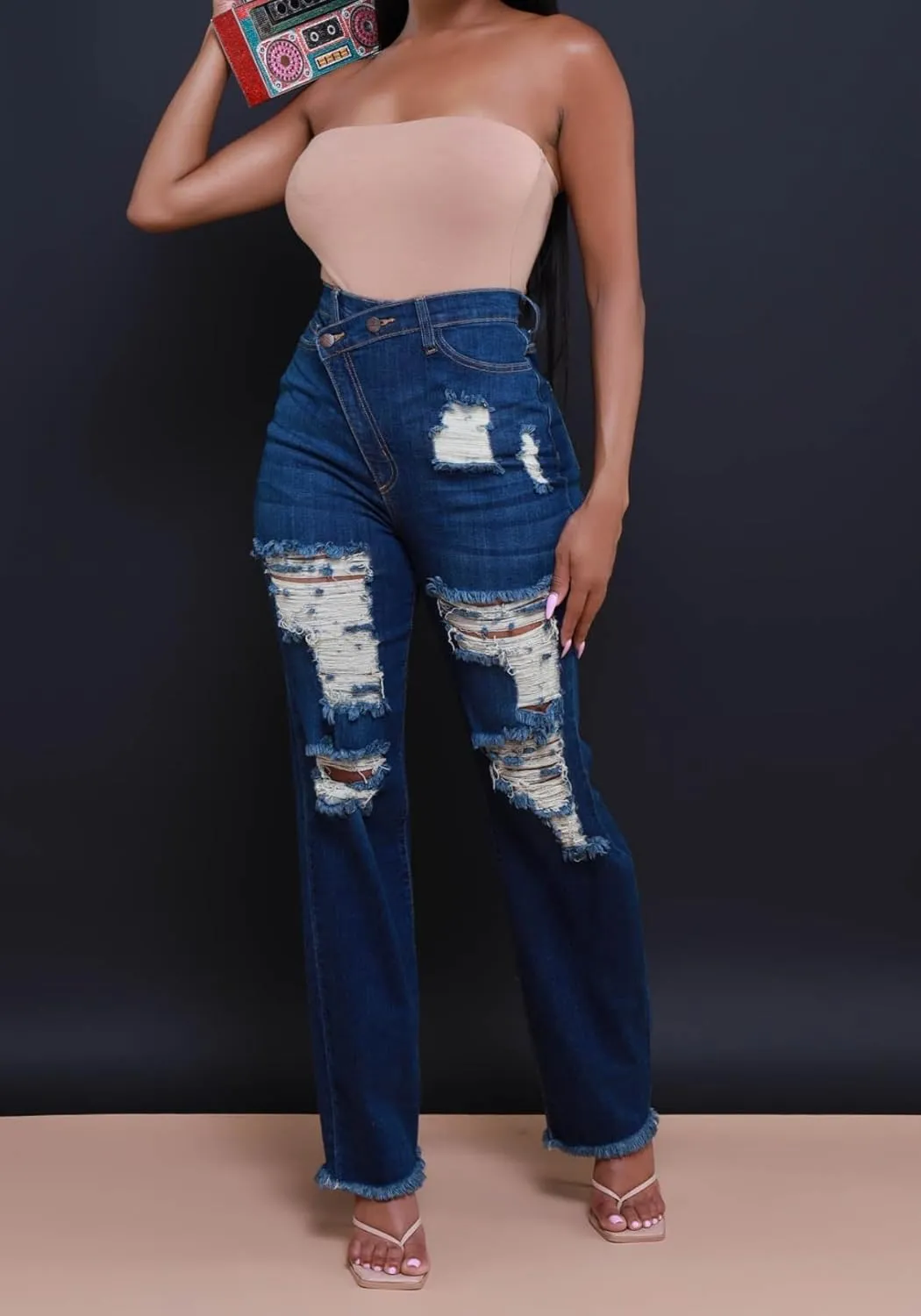 Unybwonn Women Skinny Ripped Jeans High Waisted Distressed Asymmetrical Straight Leg Denim Pants Raw Trim Stretchy Jean