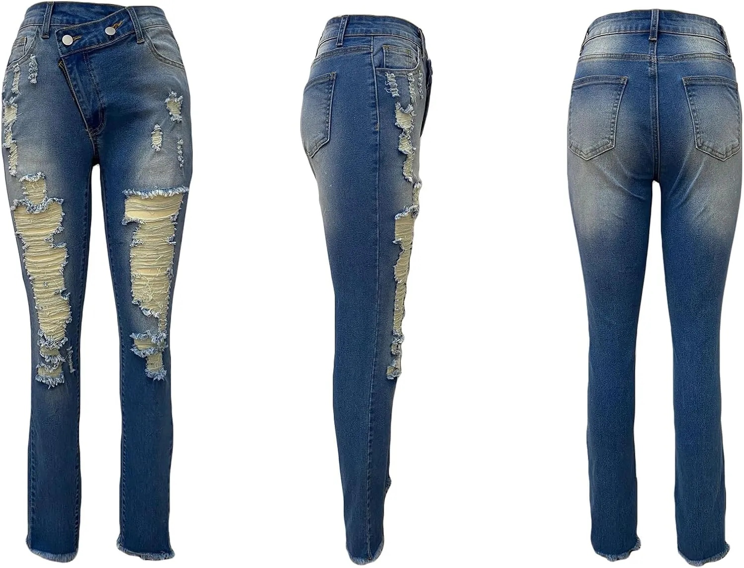 Unybwonn Women Skinny Ripped Jeans High Waisted Distressed Asymmetrical Straight Leg Denim Pants Raw Trim Stretchy Jean