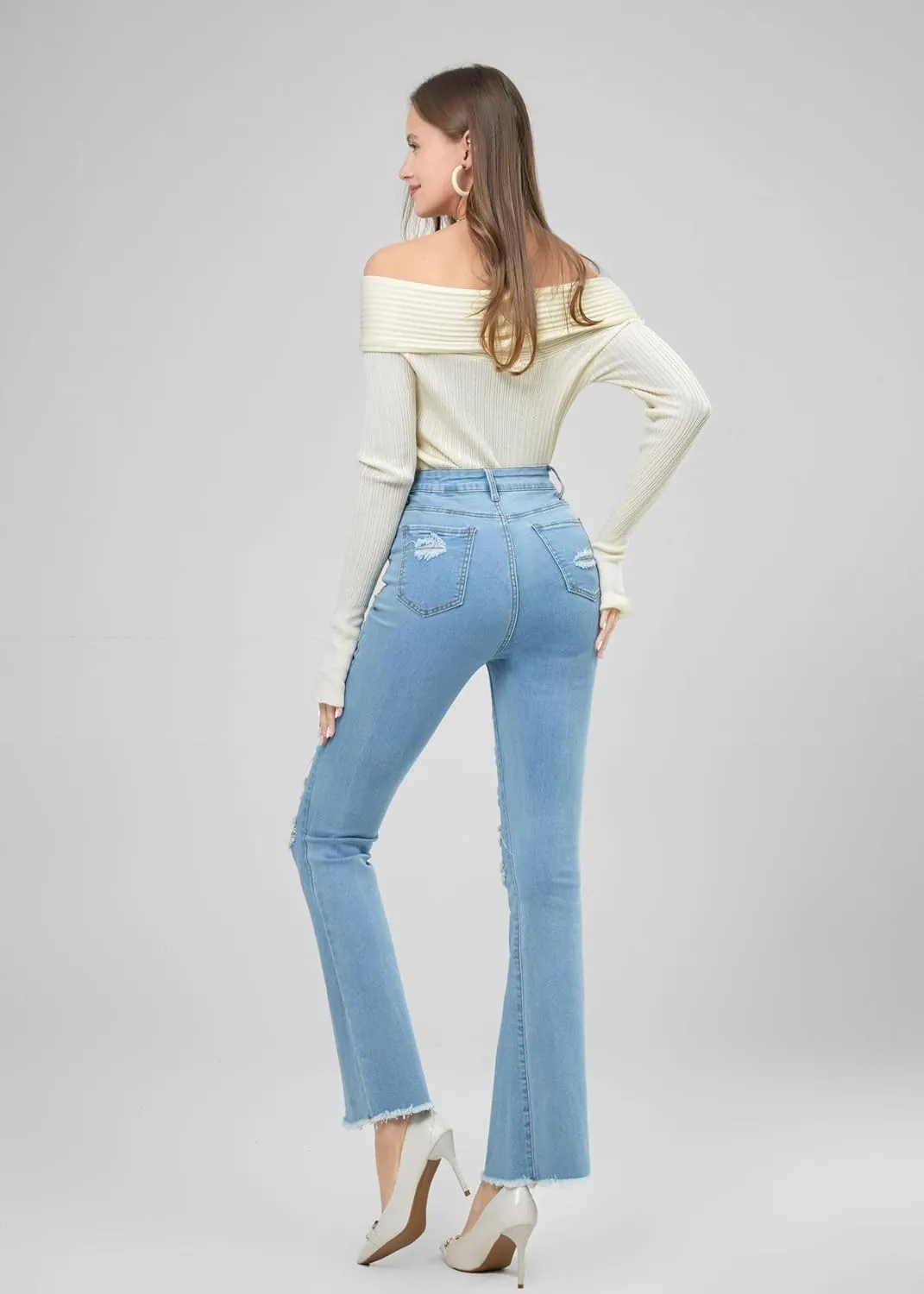 utcoco High Waisted Bell Bottom Jeans for Women Stretch Flare Jeans for Women Ripped Distressed Bootcut Jeans