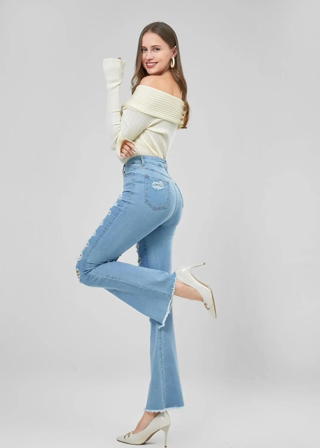 utcoco High Waisted Bell Bottom Jeans for Women Stretch Flare Jeans for Women Ripped Distressed Bootcut Jeans