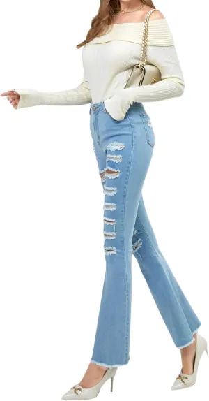 utcoco High Waisted Bell Bottom Jeans for Women Stretch Flare Jeans for Women Ripped Distressed Bootcut Jeans