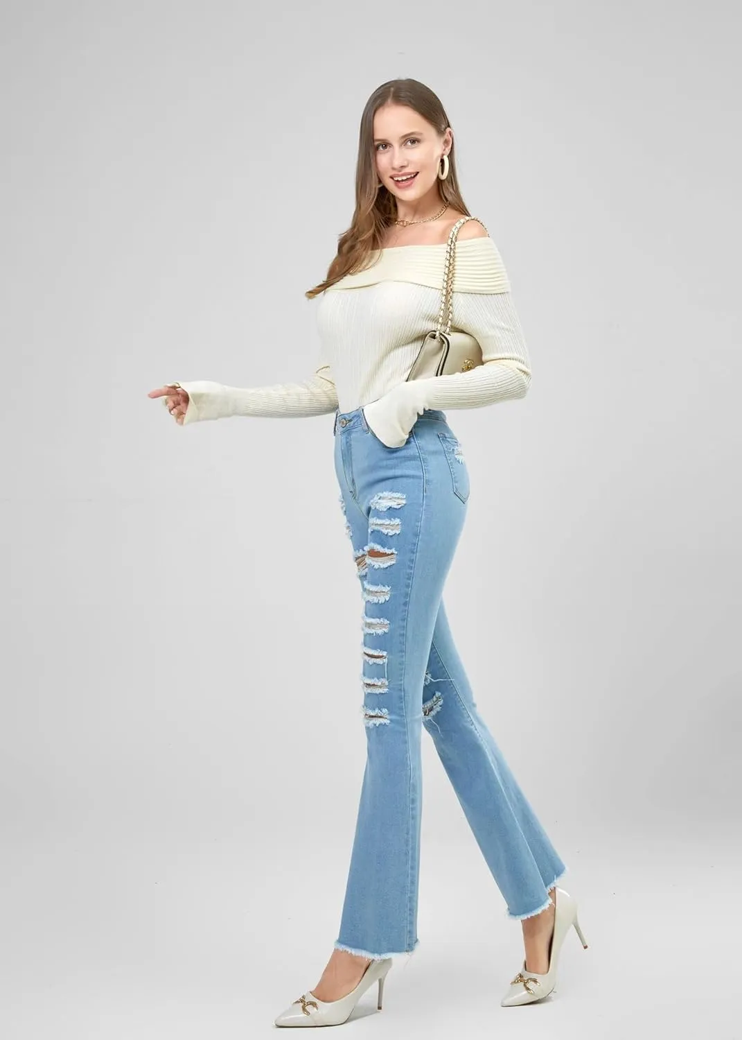 utcoco High Waisted Bell Bottom Jeans for Women Stretch Flare Jeans for Women Ripped Distressed Bootcut Jeans