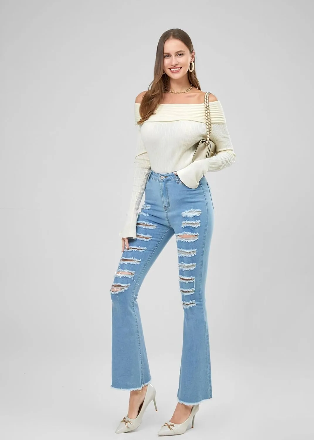 utcoco High Waisted Bell Bottom Jeans for Women Stretch Flare Jeans for Women Ripped Distressed Bootcut Jeans