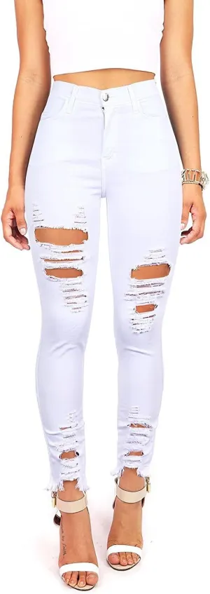 Vibrant Women’s Denim Skinny Jeans – Stretch High Waisted Raw Edges Heavy Distressed Ripped Casual Slim Fit Pants