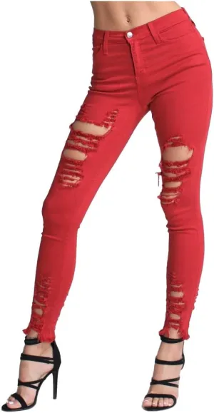 Vibrant Women’s Denim Skinny Jeans – Stretch High Waisted Raw Edges Heavy Distressed Ripped Casual Slim Fit Pants