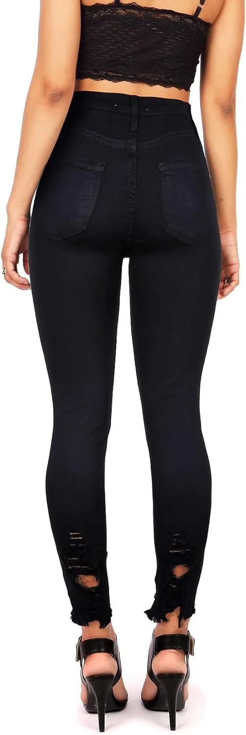 Vibrant Women’s Denim Skinny Jeans – Stretch High Waisted Raw Edges Heavy Distressed Ripped Casual Slim Fit Pants