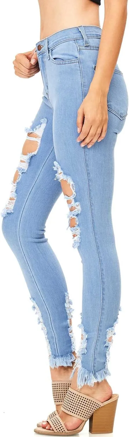 Vibrant Women’s Denim Skinny Jeans – Stretch High Waisted Raw Edges Heavy Distressed Ripped Casual Slim Fit Pants
