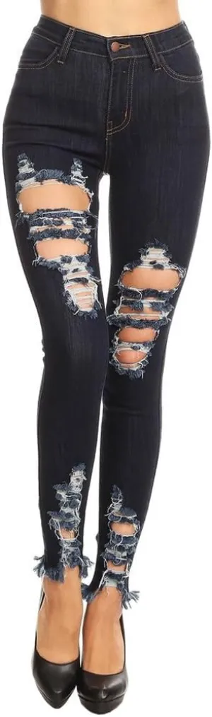 Vibrant Women’s Denim Skinny Jeans – Stretch High Waisted Raw Edges Heavy Distressed Ripped Casual Slim Fit Pants
