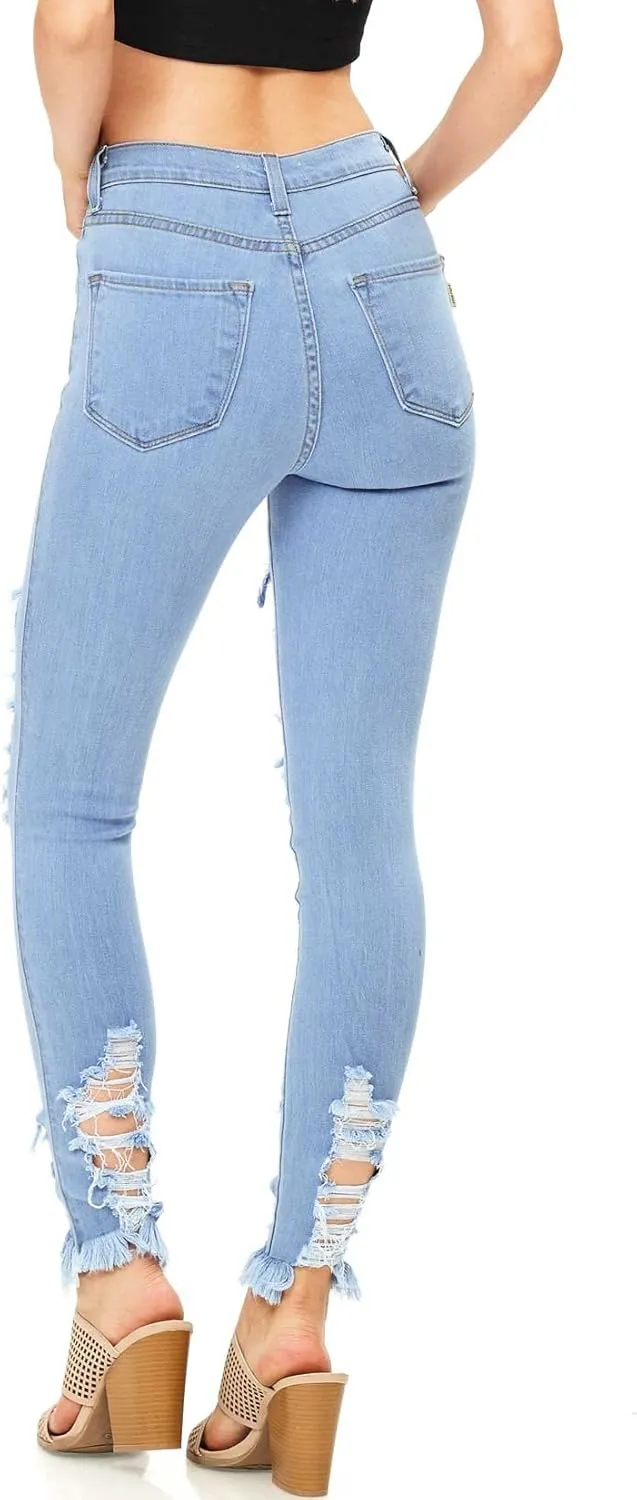 Vibrant Women’s Denim Skinny Jeans – Stretch High Waisted Raw Edges Heavy Distressed Ripped Casual Slim Fit Pants