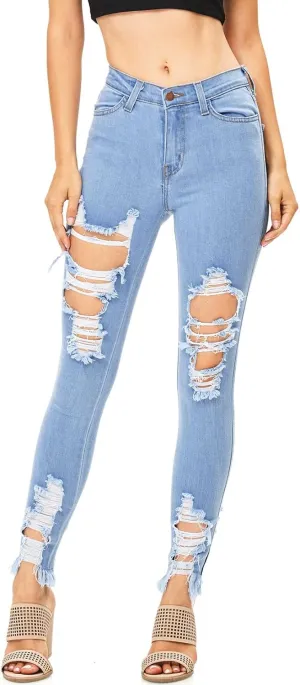 Vibrant Women’s Denim Skinny Jeans – Stretch High Waisted Raw Edges Heavy Distressed Ripped Casual Slim Fit Pants
