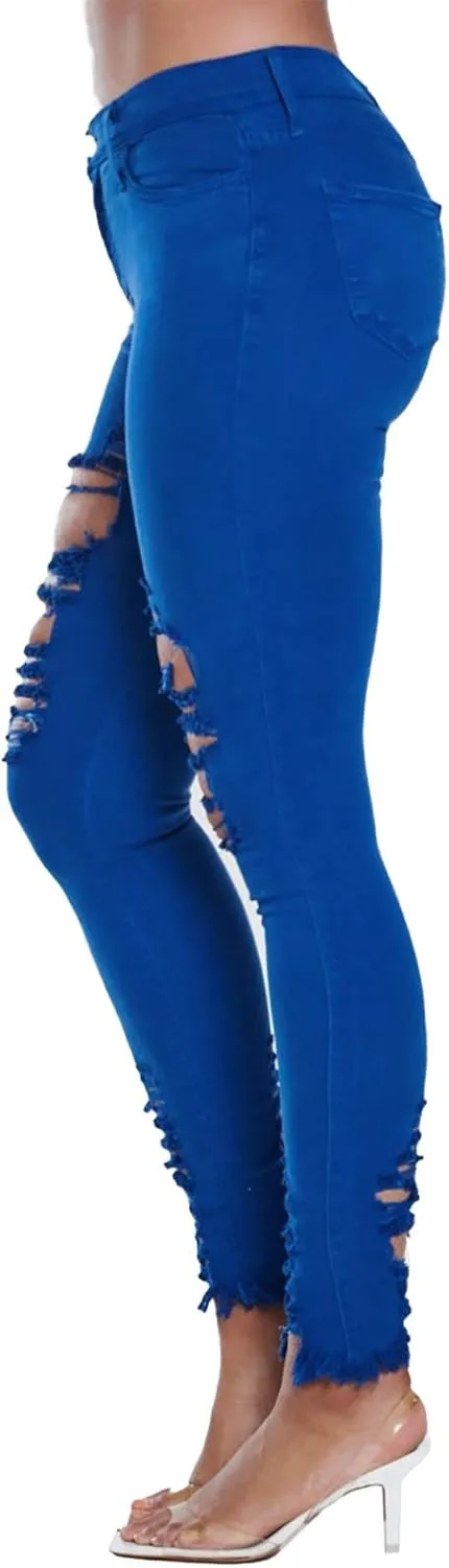 Vibrant Women’s Denim Skinny Jeans – Stretch High Waisted Raw Edges Heavy Distressed Ripped Casual Slim Fit Pants