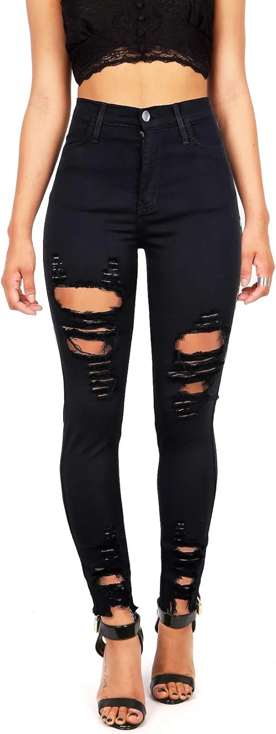 Vibrant Women’s Denim Skinny Jeans – Stretch High Waisted Raw Edges Heavy Distressed Ripped Casual Slim Fit Pants