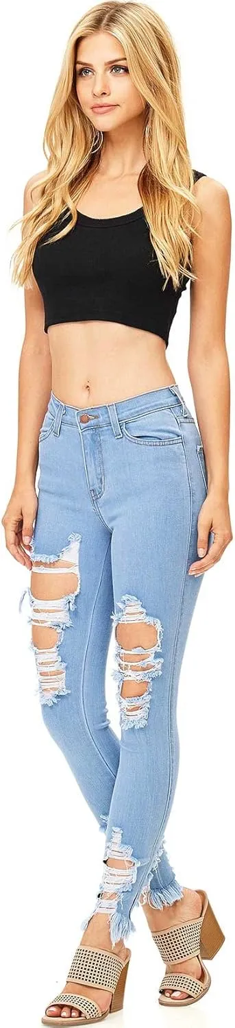 Vibrant Women’s Denim Skinny Jeans – Stretch High Waisted Raw Edges Heavy Distressed Ripped Casual Slim Fit Pants