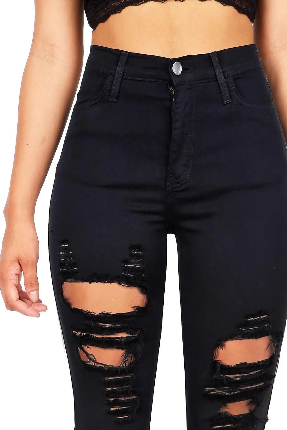 Vibrant Women’s Denim Skinny Jeans – Stretch High Waisted Raw Edges Heavy Distressed Ripped Casual Slim Fit Pants