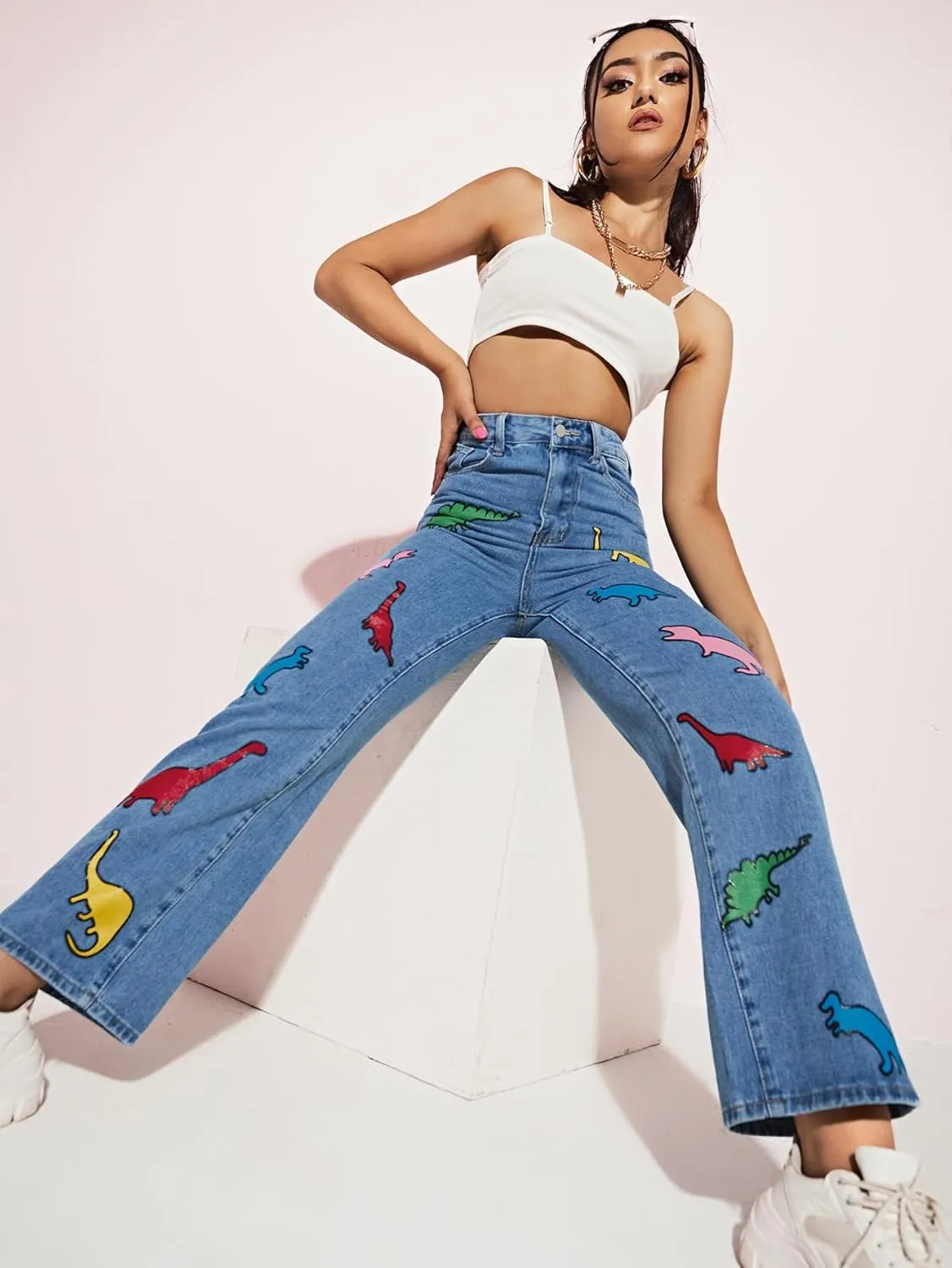 WDIRARA Women's Cow Print Ripped Jeans High Waisted Button Skinny Denim Pants