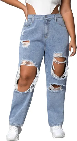 WDIRARA Women's Plus Size Ripped High Waist Cut Out Straight Leg Jeans Denim Pants