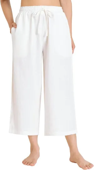 Weintee Women's Linen Capris Wide Leg Cropped Pants with Pockets