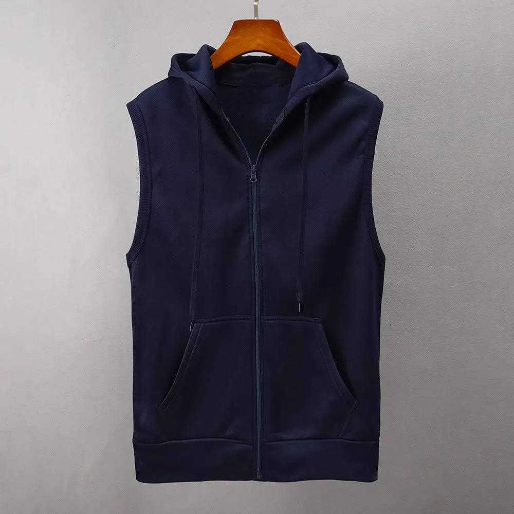 WENKOMG1 Hooded Vest for Men, Solid Sleeveless Waistcoat Soft Sports Jacket Slim Shirt with Pocket Zipper Blouse