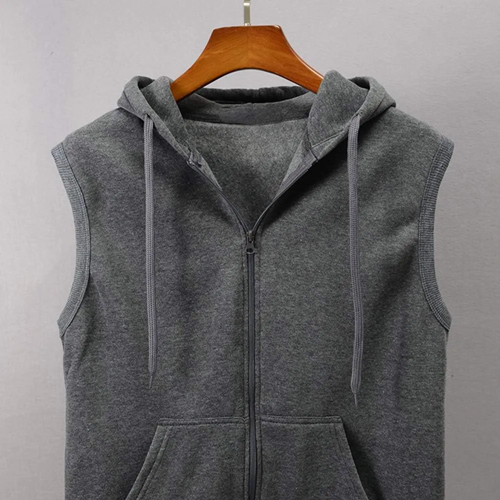 WENKOMG1 Hooded Vest for Men, Solid Sleeveless Waistcoat Soft Sports Jacket Slim Shirt with Pocket Zipper Blouse